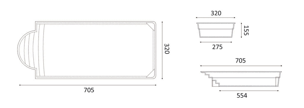Glasfiberpool Aves 705 7,05m x 3,20m x 1,55m