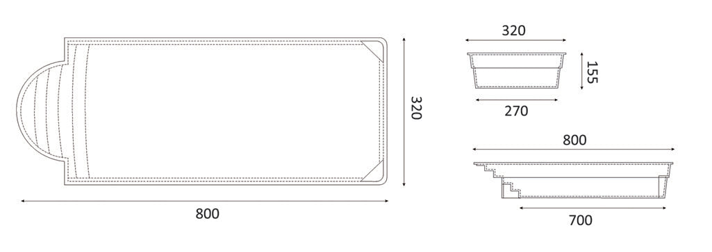 Glasfiberpool Aves 800 8,00m x 3,20m x 1,55m