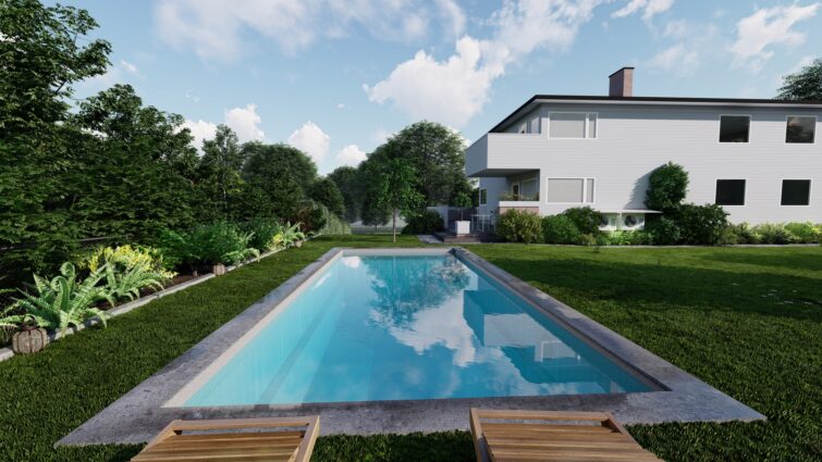 Ett modernt hus med en 3D visualisering av pool på bakgården som är omgiven av grönska.